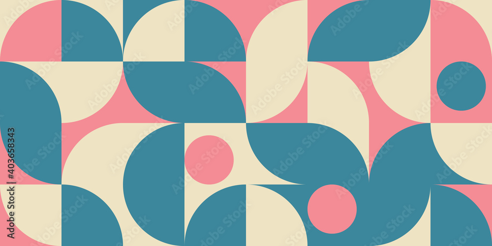 Poster Modern vector abstract  geometric background with circles, rectangles and squares  in retro scandinavian style. Pastel colored simple shapes graphic pattern.