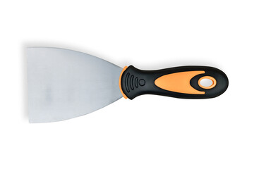 Putty trowel with rubberized handle on a white background.