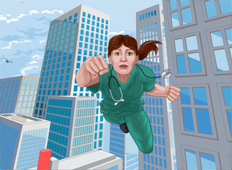Doctor or nurse in scrubs superhero essential worker flying comic book super hero healthcare professional.