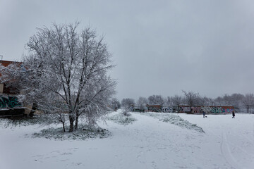 Snowy Madrid after the passage of the storm Filomena. Spain