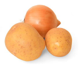 Raw potatoes and onion close up on white background