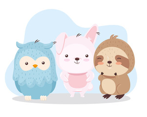 Kawaii bird rabbit and sloth bear animal cartoon design, Cute character and nature theme Vector illustration