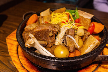 Close up shot of a pot of delicious Korean style braised short rib