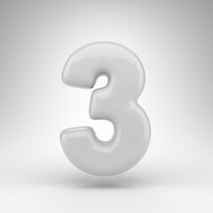 Number 3 on white background. White plastic 3D rendered number with glossy surface.