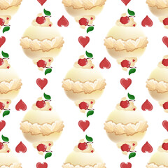 Seamless pattern with heart-shaped pastries and sweets. Pattern in red-white-beige tones. Valentine's Day. Printing, packaging design, packaging, textiles.