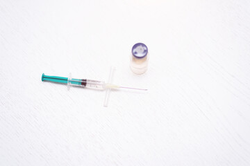 Covid-19 Corona Virus 2019-ncov vaccine vials medicine drug bottles syringe injection. Vaccination,...