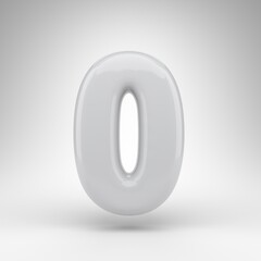 Number 0 on white background. White plastic 3D rendered number with glossy surface.