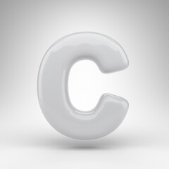 Letter C uppercase on white background. White plastic 3D rendered font with glossy surface.
