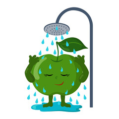 Cute apple washes in the shower. Colorful smiling kawaii fruit. Isolated vector illustration.	