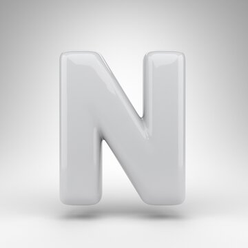 Letter N uppercase on white background. White plastic 3D rendered font with glossy surface.