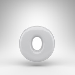 Letter O lowercase on white background. White plastic 3D rendered font with glossy surface.
