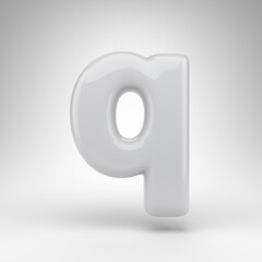 Letter Q lowercase on white background. White plastic 3D rendered font with glossy surface.