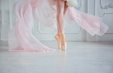 Fototapeta na wymiar Legs of beauty ballerina standing in pink pointe shoes. Close-up