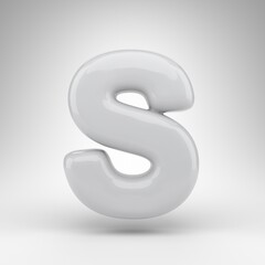 Letter S uppercase on white background. White plastic 3D rendered font with glossy surface.