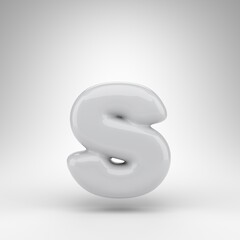 Letter S lowercase on white background. White plastic 3D rendered font with glossy surface.