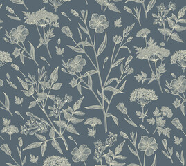 Naadloze patroon Linum vlas jasmijn Hemlock boom wilde bloemen. Mooie stof bloeiende realistische geïsoleerde bloemen Vintage achtergrond Wallpaper barok. Tekening gravure Victoriaanse vectorillustratie