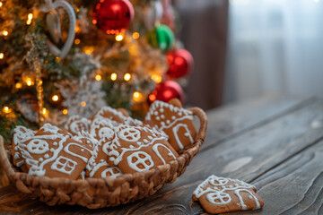 Christmas cookies gingerbread houses, decorated with icing sugar on the table