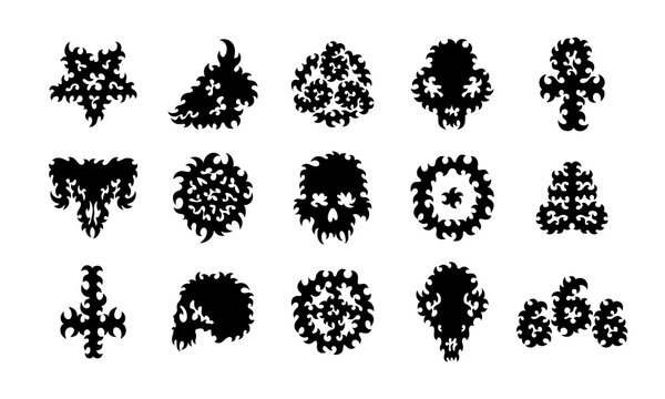 Vector set of satanic, occult, pagan, alchemical symbols (Pentagram, Leviathan Cross, 666 number of the beast, Sun cross, Ankh, cross of Saint Peter, Circled dot), human and animal skulls.