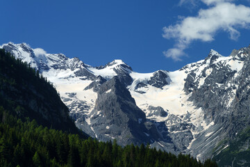 Mountain landscape along the road to Stelvio pass at summer