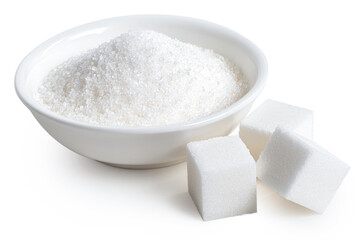 Fototapeta na wymiar White sugar cubes and granulated sugar.