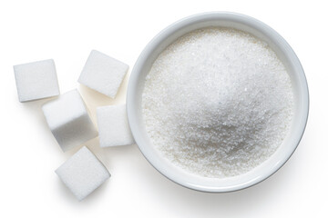 White sugar cubes and granulated sugar.