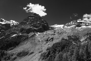 Mountain landscape along the road to Stelvio pass at summer. Glacier