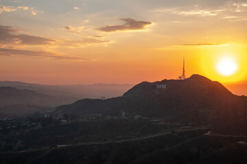 Beautiful view of the hills of Hollywood in the summer at sunset