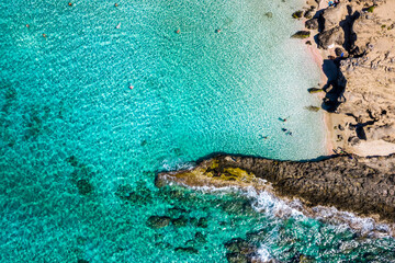 Aerial shot of beautiful turquoise beach Falasarna (Falassarna) in Crete, Greece. View of famous paradise sandy deep turquoise beach of Falasarna (Falassarna) in North West, Crete island, Greece.