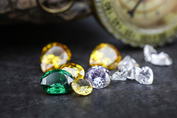 Natural Sapphire gemstone, Jewel or gems on black shine color, Collection of many natural gemstones on stone