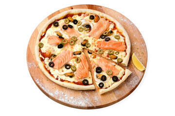 Whole seafood Pizza with sliced salmon fillet, mussels, calamari, green and black olives served With lemon slice on wooden plate served with culinary flour and spices, isolated on white background
