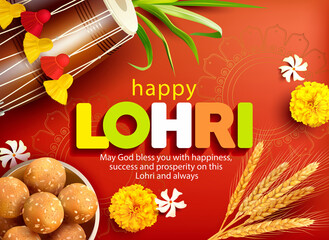 Poster design with traditional sweets laddu and dhol (drum) for Punjabi harvest festival Lohri (Pongal, Makar Sankranti). Vector illustration.