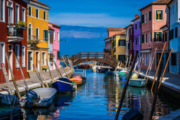 Naklejka na ściany i meble Colorful Houses At A Canal With Boats On The Fishing Island Burano In The Lagoon Of Venice