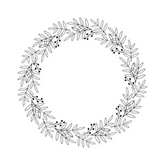 Floral round wreath of branches, leaves, berries. Elegant border, black outline drawing on a white background. Decorative frame, design element for wedding, logo, tags, home decor. Vector illustration