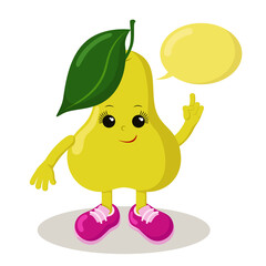 DruckCute smiling pear with sneakers and speech bubble holds index finger up. Colorful kawaii fruit emoticon. Isolated vector illustration.	