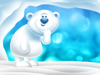 Happy polar bear standing in snow near a cave in the freezing North Pole with icy blue background illustration.