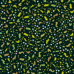 Terrazzo floors seamless pattern. Dark tones. Stone mosaic from colored pebbles on a dark background. Vector wallpaper
