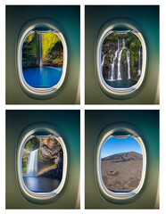 Airplane window travelling to Reunion island