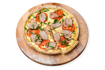Whole rustic Pizza with meat and tomato slices served with fresh spring  onion scallions on wooden plate served with culinary flour and spices, isolated on white background
