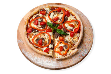 Whole meat Pizza on wooden plate served with spices, isolated on white background. Fast food dish with beef pieces, cherry tomatoes, paprika, mozzarella Cheese and fresh basil leaf on top

