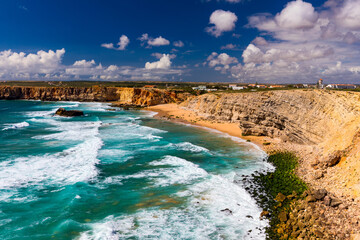 Panorama view of Praia do Tonel (Tonel beach) in Cape Sagres, Algarve, Portugal. Praia Do Tonel,...