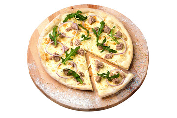 Whole Fish Pizza with fish fillet pieces, mozzarella cheese, red onion rings served with fresh arugula leaves on wooden plate served with culinary flour and spices, isolated on white background
