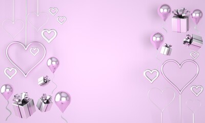 Valentine's Day. Background with realistic festive gifts box. Romantic present, hearts. 3d.