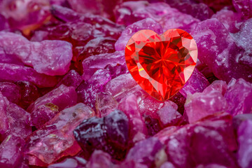 .Red heart shaped diamond on natural red garnet tumbled stone