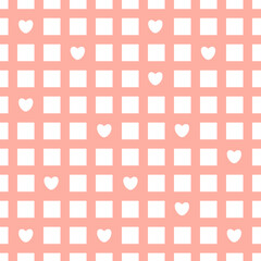 Abstract simple Pink and white seamless pattern. Squares, shapes, lines, hearts for Valentines Day