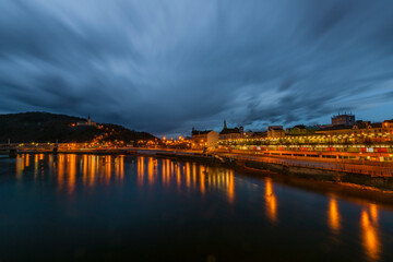 Obraz premium Night with orange lights in valley of river Labe near Usti nad Labem