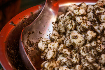 Minted potatoes on sale on a French market stall in France.