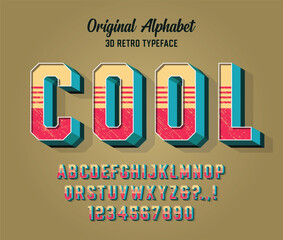 "Cool". Vintage Sans Serif 3D Font. Retro Typeface. Vector Illustration.