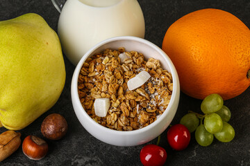 Breakfast with granola and milk