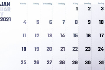 January 2021 calendar. New year 2021 monthly calendar from above