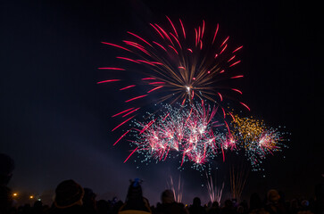 Fototapeta na wymiar A crowd watching a firework display in Oxfordshire, England.